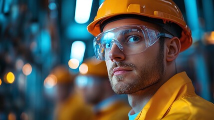 Obraz premium R&D centre featuring engineers in protective glasses engaged in research on alternative energy sources, emphasizing the importance of safety and innovation in technology