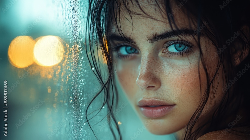 Canvas Prints Woman's Face Behind Wet Glass