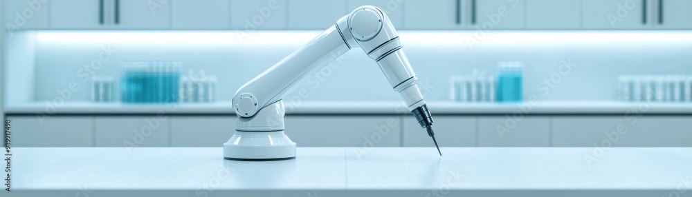 Poster a robotic arm positioned on a sleek table, designed for precision tasks in a modern laboratory envir