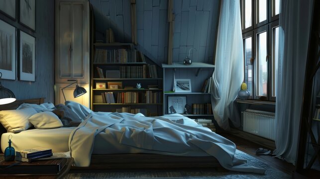 Bedroom view from another corner with shelf and hesting system