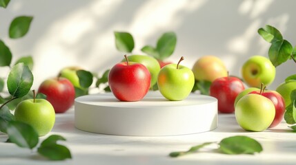 3D scene with a plain white podium decorated with green and red apples. White background for advertising and product promotion.