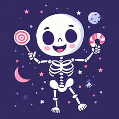 Naklejka premium Smiling skeleton with a lollipop, cute funky halloween sticker in purple background