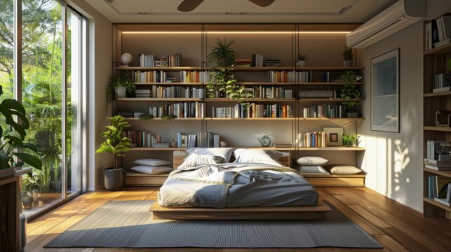 Bedroom view from another corner with shelf and hesting system