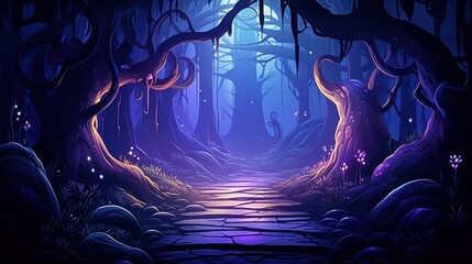 A Mystical Forest Path Lit by Moonlight and Glowing Flora