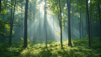 Fototapeta premium Tall, misty trees with sunlight streaming through the branches, creating a magical and mysterious forest atmosphere