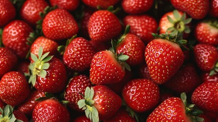 A vibrant collection of fresh strawberries background, showcasing their red color and leafy green tops, perfect for desserts or healthy snacks.