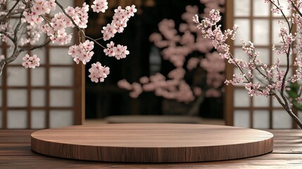 Podium stage in the japanese style with wooden platform surrounded by blooming cherry blossoms, creating a tranquil and aesthetic ambiance.
