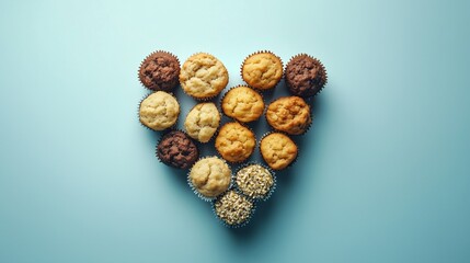 Sweet muffin cake are arranged in a heart-shaped arrangement flat lay view