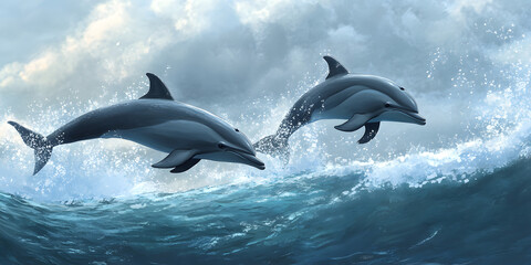 Fototapeta premium Dolphins leaping gracefully above ocean waves