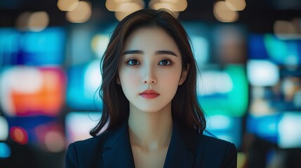 Obraz premium skilled Asian female television news anchor presenting news in a dynamic studio environment, emphasizing her professionalism and connection with viewers through engaging storytelling