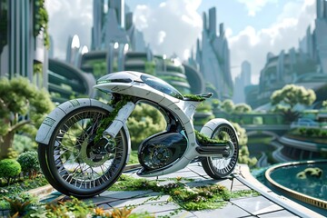 Fototapeta premium Futuristic motorcycle surrounded by lush greenery in a high-tech urban landscape.