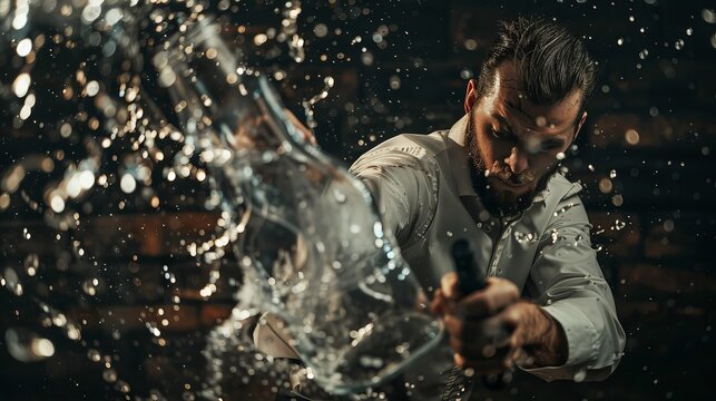 Angry man throwing a glass bottle, shattering it as water splashes, capturing raw emotion and the intensity of frustration