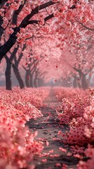 A serene pathway lined with blooming pink cherry blossoms, creating a tranquil atmosphere.