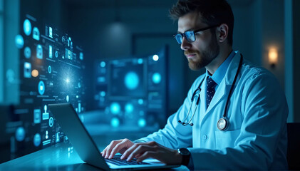 Medical icons glow as the doctor uses a laptop.