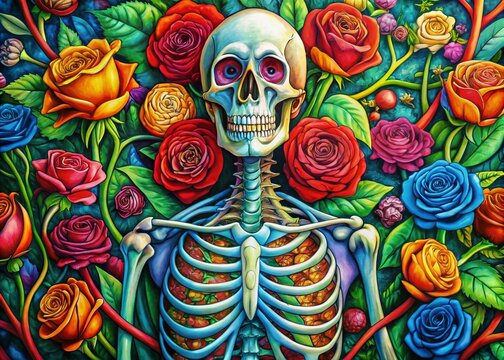 Grateful Dead Inspired Rose Skeleton Illustration with Vibrant Colors and Intricate Details