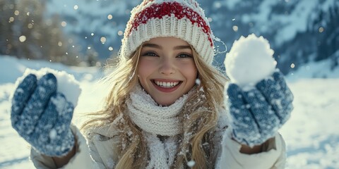 Woman in warm winter gear smiling with snowy mittens