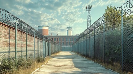 Fototapeta premium urban landscape featuring a prison building and security fence, reflecting on societal views of crime, rehabilitation, and correctional justice