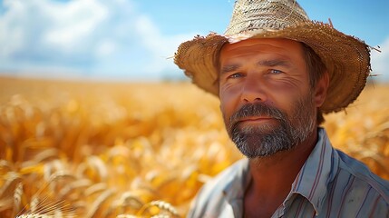 Fototapeta premium A man with a straw hat stands in a golden wheat field under a bright blue sky.
