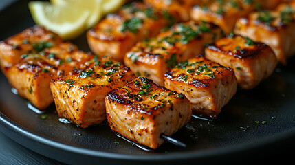 A plate of grilled salmon skewers with a citrus glaze, served with lemon wedges