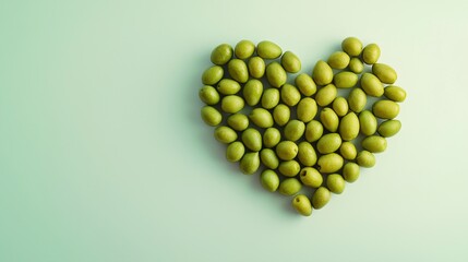 Green olive fruit are arranged in a heart-shaped arrangement copy space
