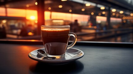 Fototapeta premium Close-up of freshly brewed coffee with milk foam placed on a table with a travel theme backdrop to create a relaxing, resting, or refreshing feeling while drinking coffee.