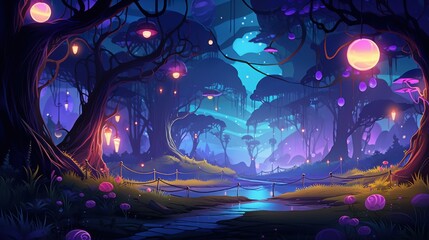 Ethereal Forest with Glowing Lanterns and a Stream