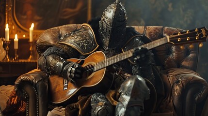 A medieval knight in armor sits on a sofa, happily playing a guitar, blending history with a fun musical moment