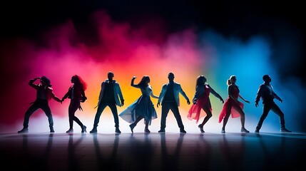 A vibrant silhouette of dancers against a colorful background, showcasing movement and expression.