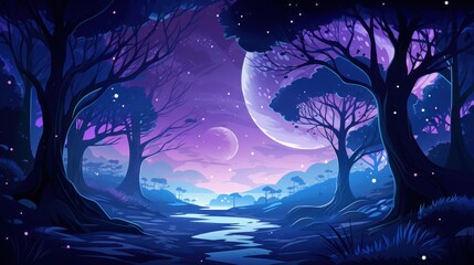 A Silhouetted Forest Path under a Starry Sky with Two Moons