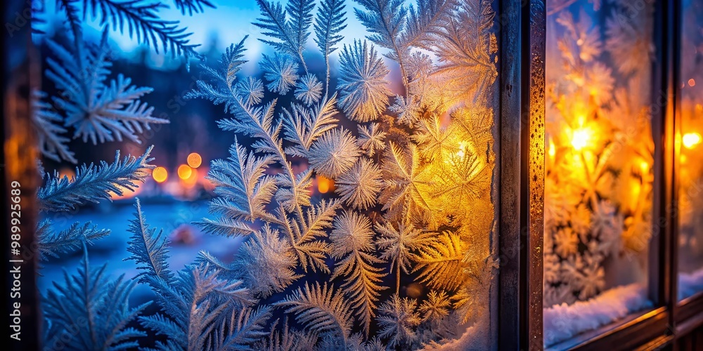 Poster icy window with frost patterns creating a cold atmosphere in an indoor setting during winter season