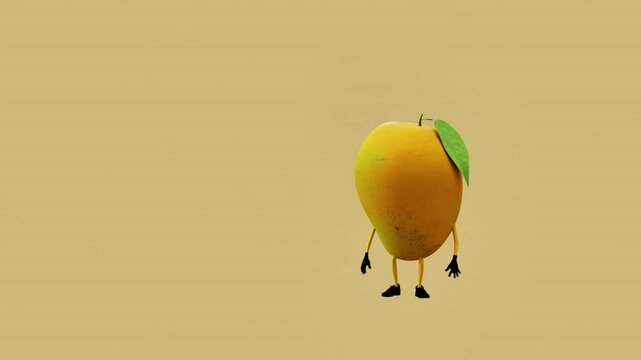 A 3D animated mango character performing a funny dance. The scene captures playful, humorous movements, blending creativity, fun, and vibrant animation with the charm of a tropical fruit.