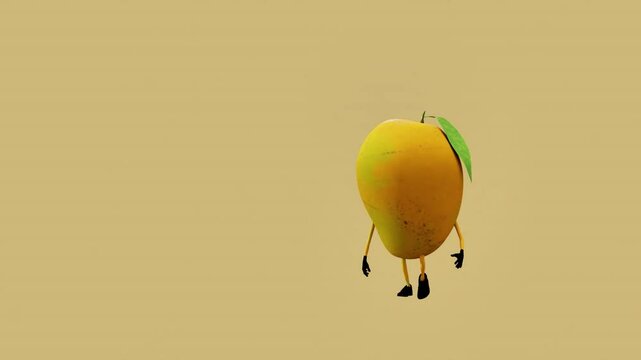 A 3D animated mango character walking steadily. The scene highlights playful movement and creativity, blending the charm of tropical fruit with fun and vibrant digital animation.