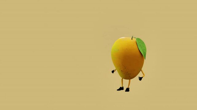 A 3D animated mango character performing a funny dance. The scene captures playful, humorous movements, blending creativity, fun, and vibrant animation with the charm of a tropical fruit.