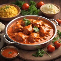 Fototapeta premium Delicious juicy tasty butter chicken dish well cooked with Tomato sauce with some vegetable served, traditional butter chicken, tasty butter chicken curry dish