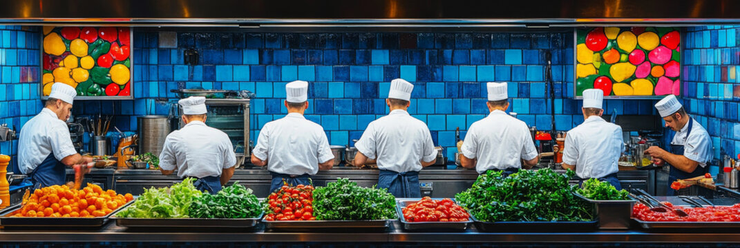 A team of chefs work diligently in a bustling kitchen, preparing fresh dishes.