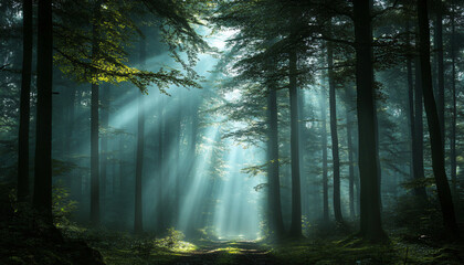 Fototapeta premium Tall, misty trees with sunlight streaming through the branches, creating a magical and mysterious forest atmosphere