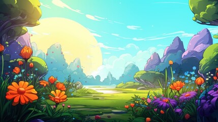 Fototapeta premium A whimsical landscape with colorful flowers and a bright sky