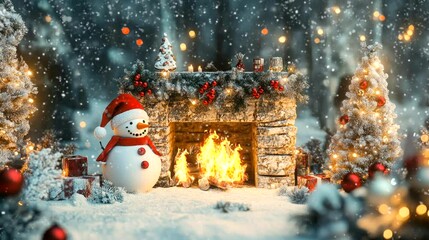 fireplace with snowman and christmas tree element decorations background. seamless looping time-lapse virtual 4k video animation background