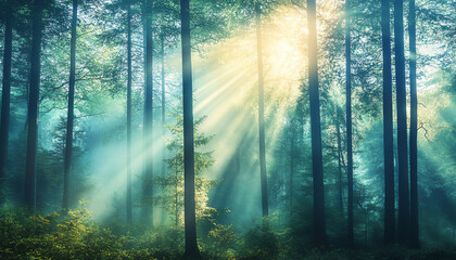 Obraz premium Tall, misty trees with sunlight streaming through the branches, creating a magical and mysterious forest atmosphere