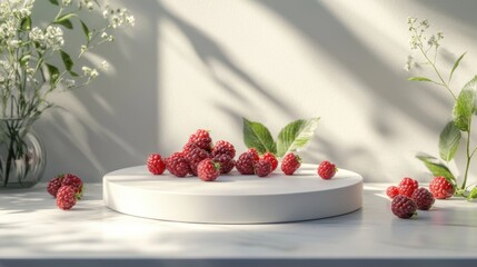 Beautiful 3D rendering of a white circular podium with various red and purple berries beautifully arranged. Perfect for product display, helping in multiple media designs.