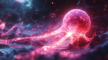 A glowing, pink orb with tendrils reaches out from the depths of space.