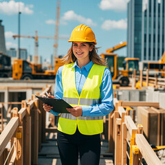 A medium shot of a female engineer wearing a hard hat and a high visibility vest. She is standing in a construction site.
