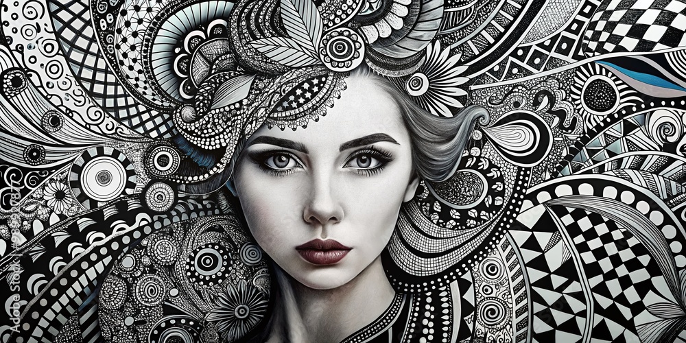 Poster intricate black and white zentangle pattern with abstract shapes and flowing lines for relaxation