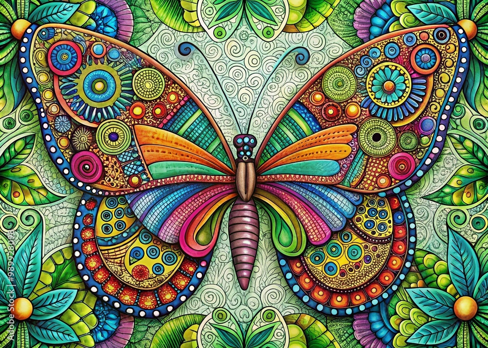 Aufkleber intricate butterfly zentangle design with symmetrical patterns and vibrant colors for artistic inspi