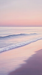serene coastal beach scene at dawn, featuring gentle waves lapping at shore under soft pastel sky. tranquil atmosphere evokes sense of peace and calm