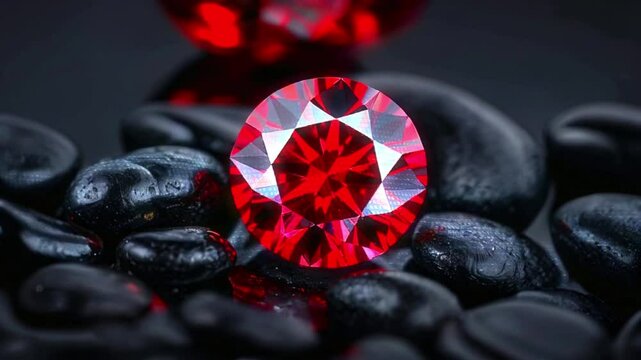 A single large red gemstone, a ruby, sits on a bed of black stones. The gemstone sparkles with light.