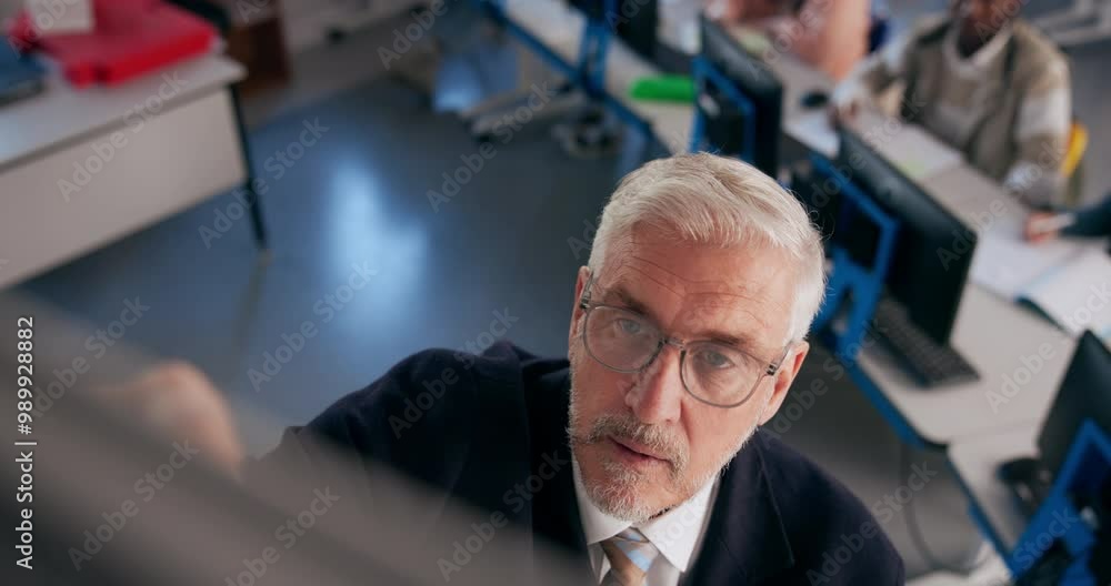 Poster Professor, mature man and writing on board for learning, curriculum and studying in top view. Lecturer, teaching and education in college with students on computer for information technology lesson