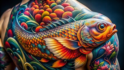 Intricate Coy Fish Tattoo Design with Bold Colors and Detailed Patterns on Skin Art for Inspiration
