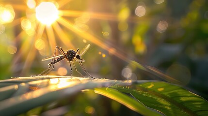 Close-up of mosquito resting on leaf in tropical forest, emphasizing its role in transmitting viruses, shallow depth of field.