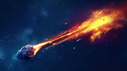 Obraz premium Realistic 3D Illustration of a Burning Comet: Asteroid with Fire Trail in Cosmic Atmosphere